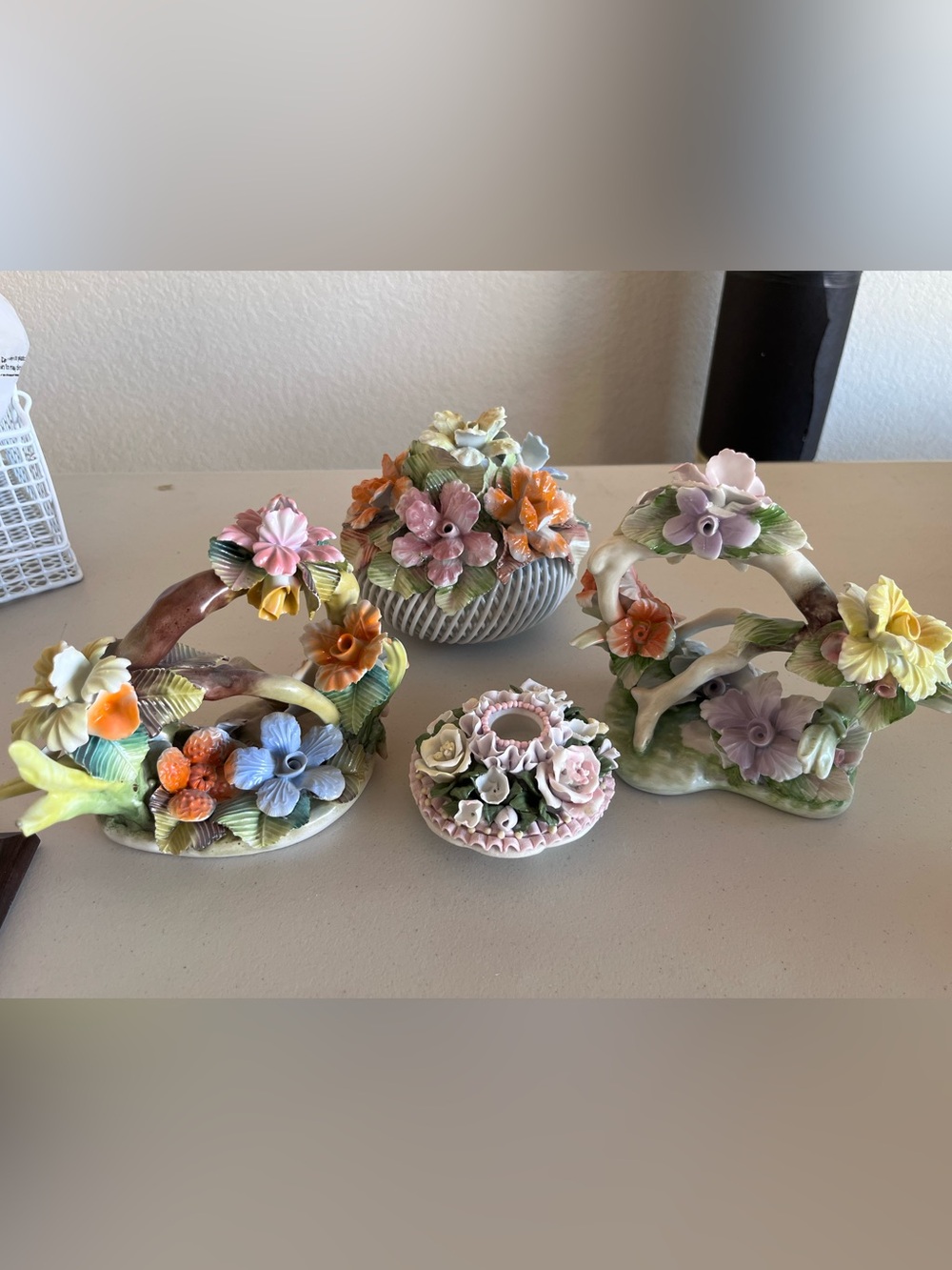 Hand-Painted Porcelain Floral Accent Set in Pastel Colors